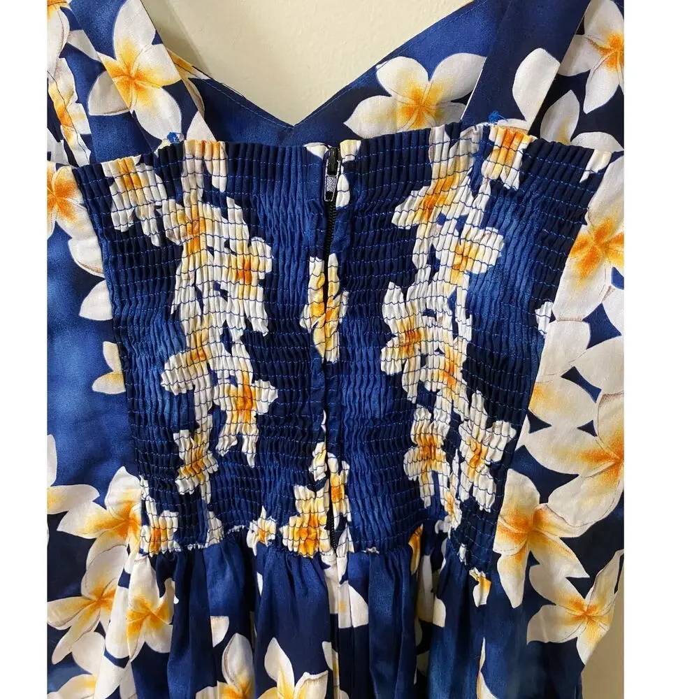 Royal Hawaiian Creations Mini Sundress Plumeria Blue Cotton Hawaiian size Medium - Picture 8 of 9